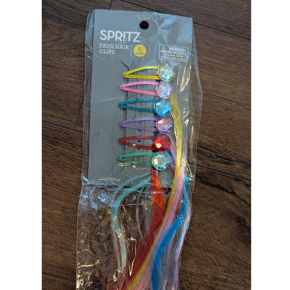 Spritz Faux Hair Clips 6 Count Rainbow Synthetic Hair Extensions Gem Snap Clips